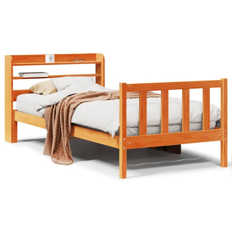 Estructura cama con cabecero madera pino marrón cera 90x190