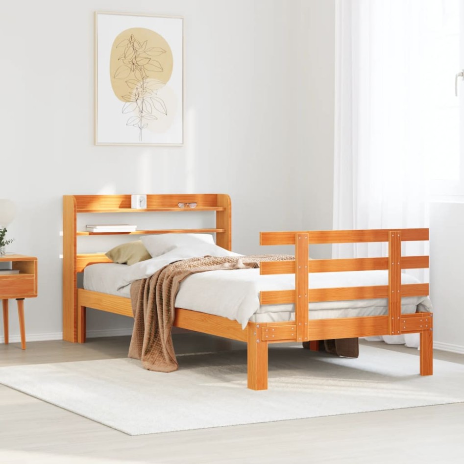 Estructura cama con cabecero madera pino marrón cera 90x200