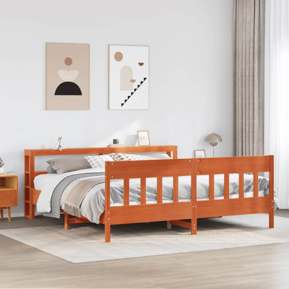 Cama sin colchón madera maciza de pino marrón cera 180x200