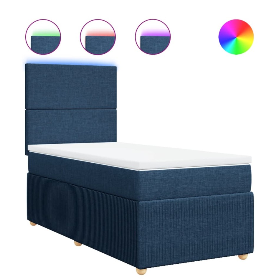 Cama box spring con colchón tela azul 80x200