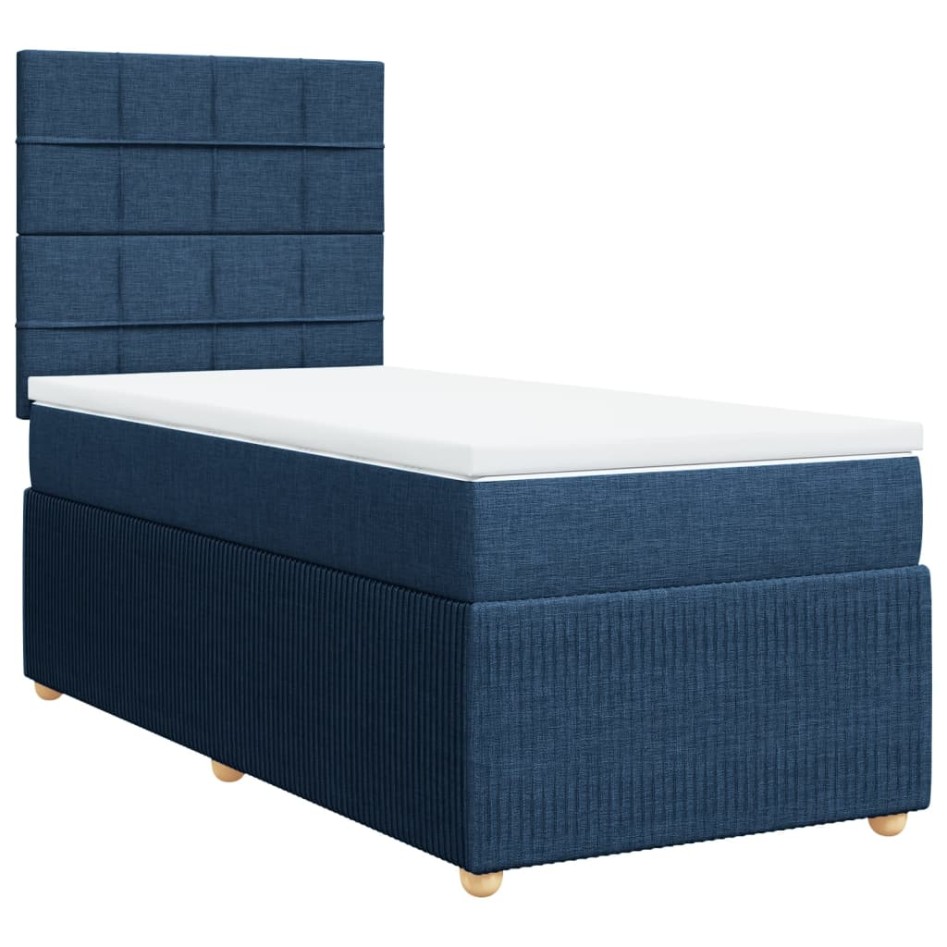 Cama box spring con colchón tela azul 100x200