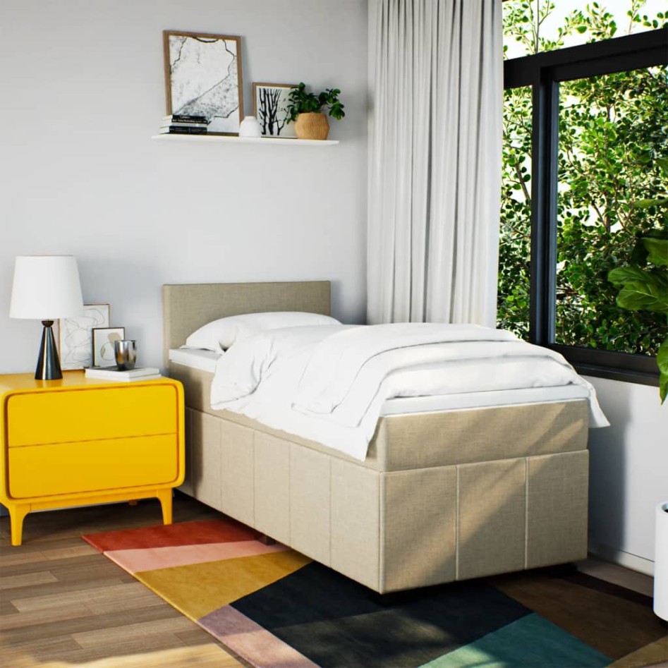 Cama box spring con colchón tela color crema 90x200