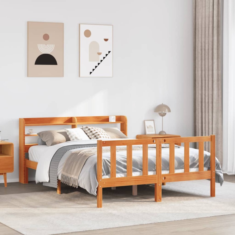 Estructura cama con cabecero madera pino marrón cera 135x190