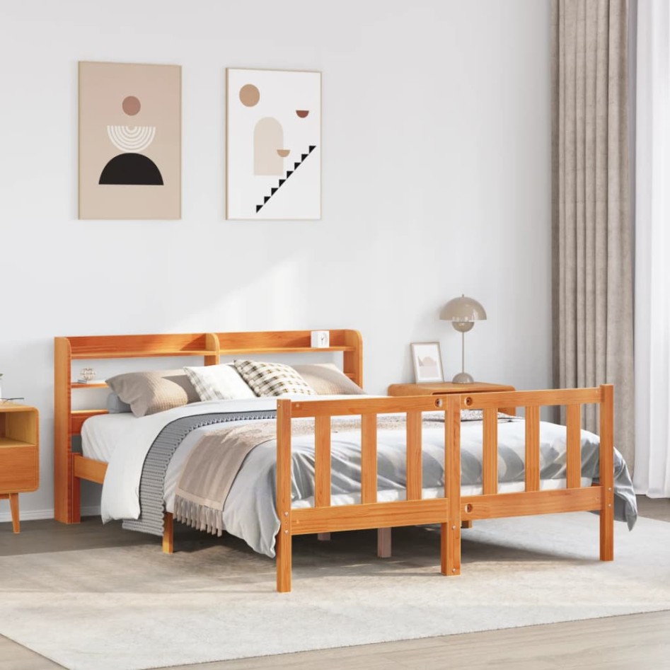 Estructura cama con cabecero madera pino marrón cera 140x200