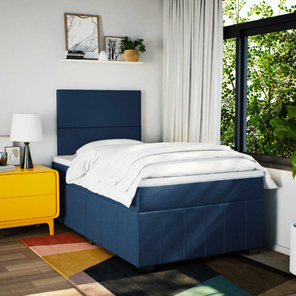 Cama box spring con colchón tela azul 120x190