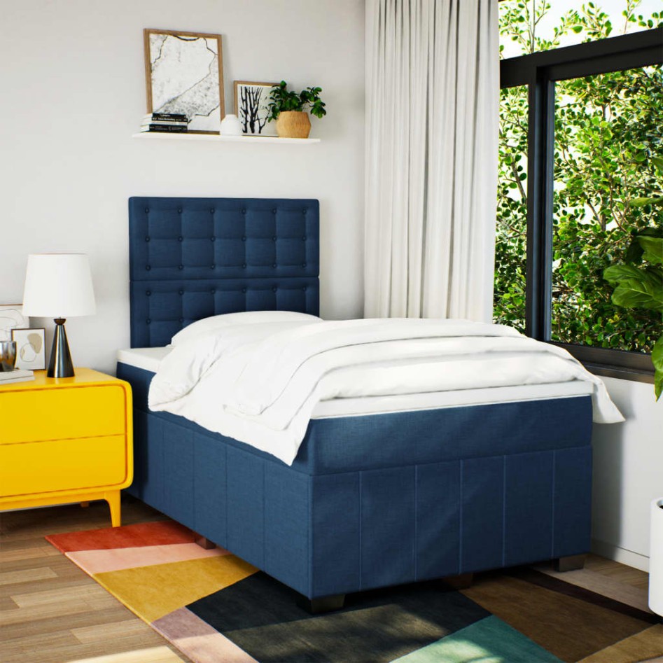 Cama box spring con colchón tela azul 120x190
