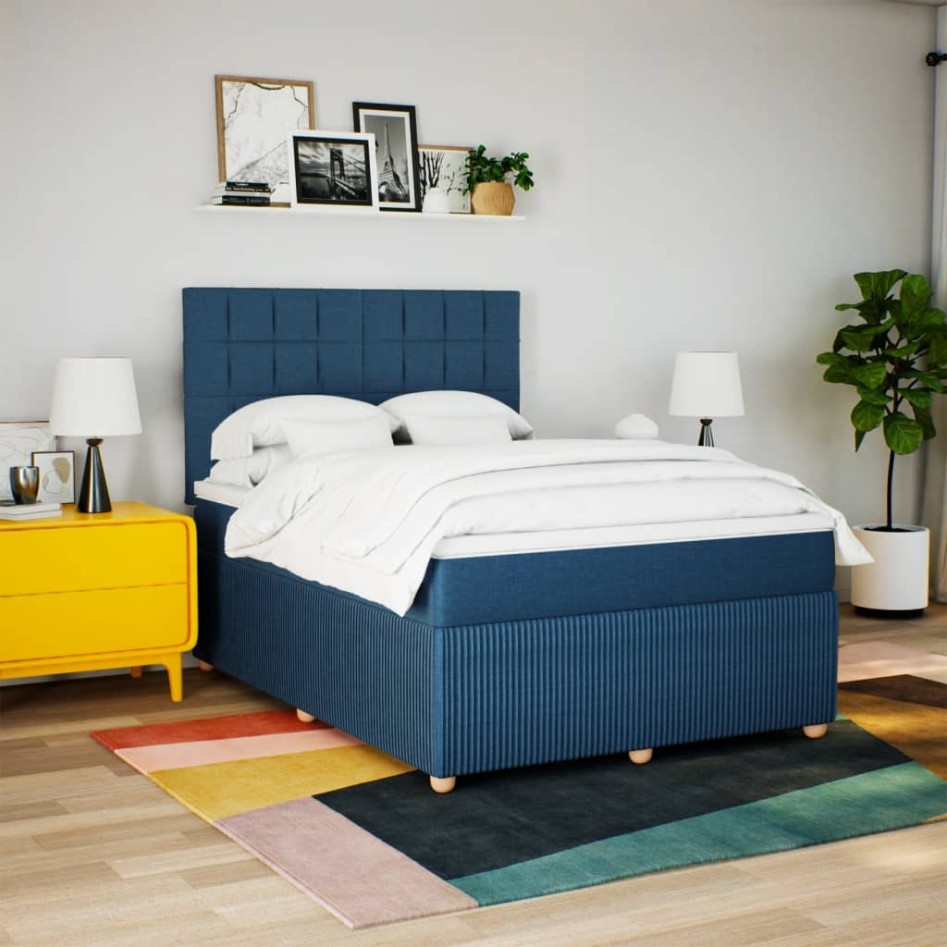 Cama box spring con colchón tela azul 140x190
