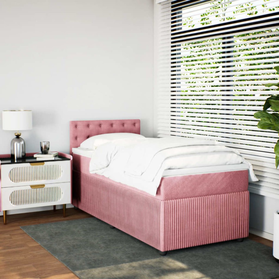 Cama box spring con colchón terciopelo rosa 80x200