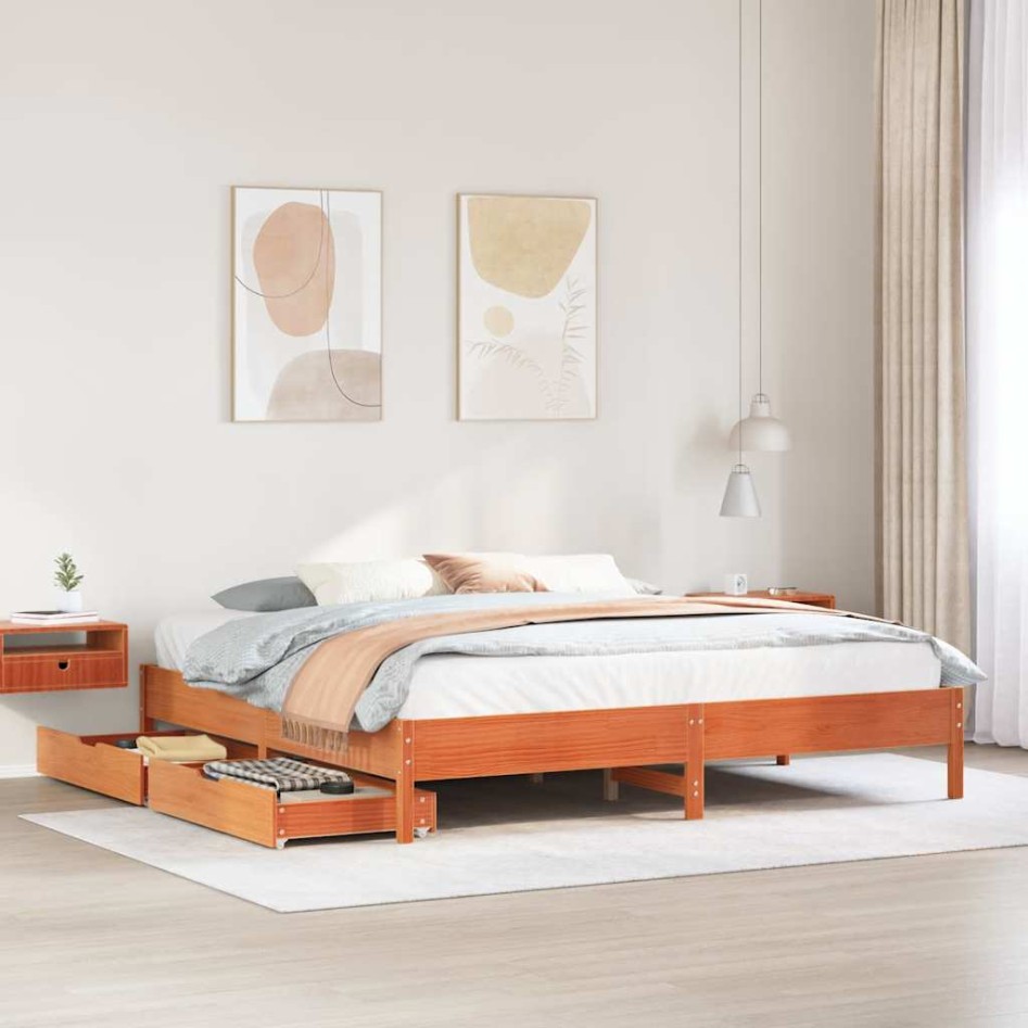 Cama sin colchón madera maciza de pino marrón cera 200x200
