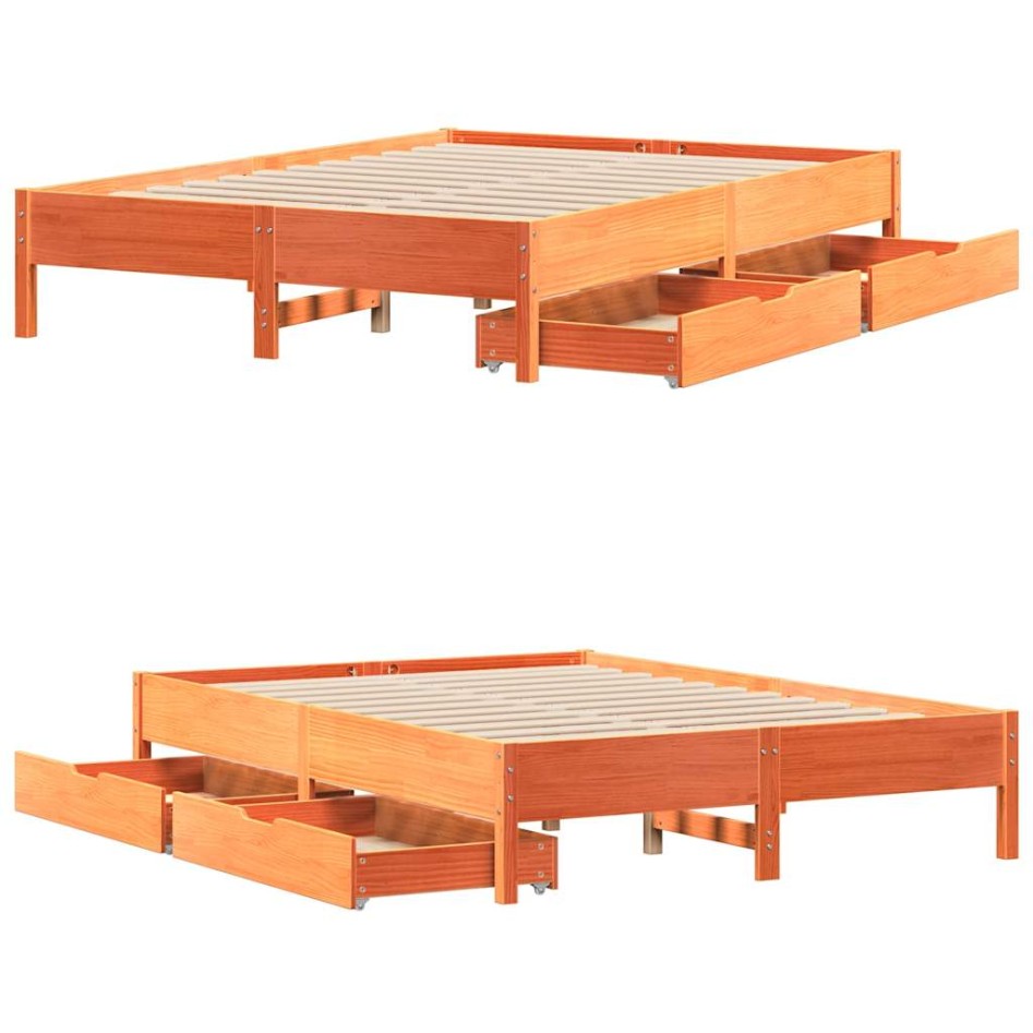 Cama sin colchón madera maciza pino marrón cera 150x200