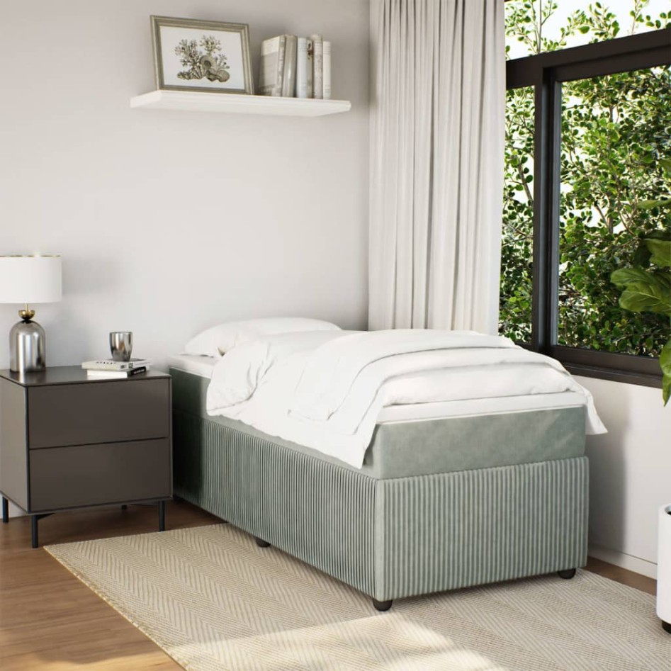 Cama box spring con colchón terciopelo gris claro 90x190