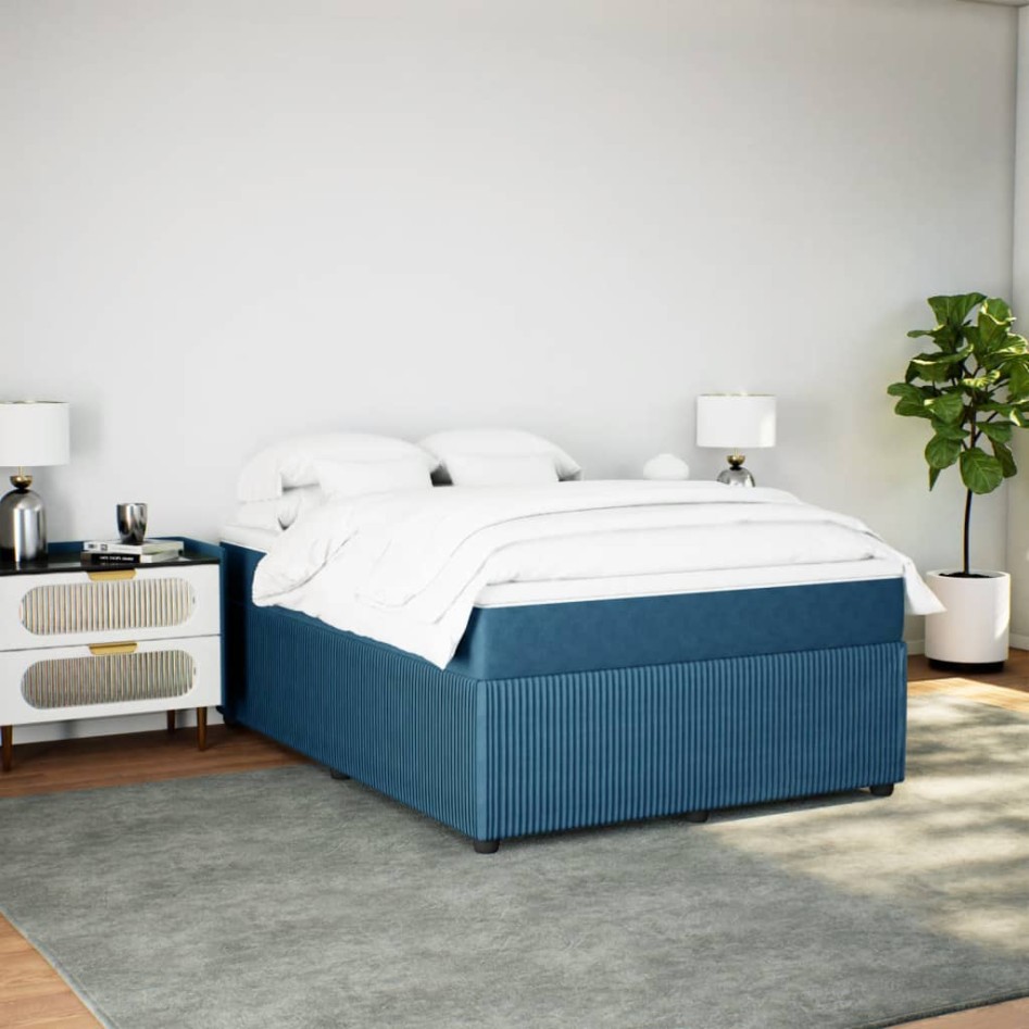 Cama box spring con colchón terciopelo azul oscuro 140x190