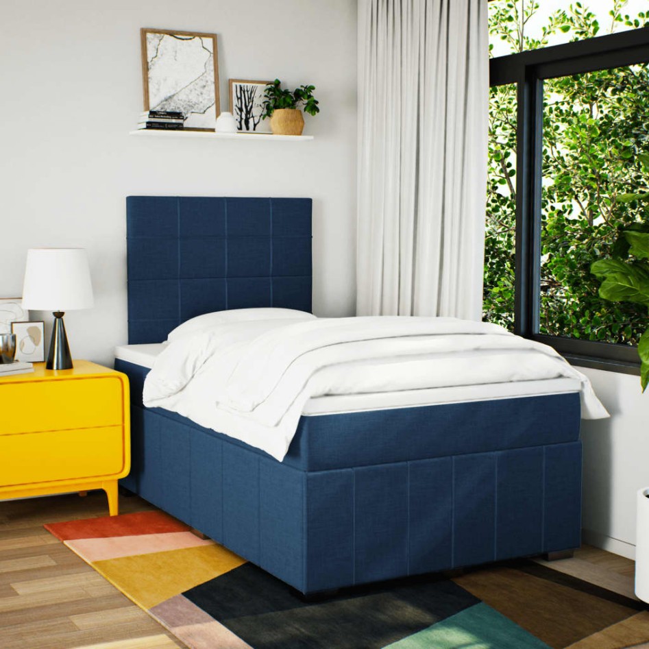 Cama box spring con colchón tela azul 120x190