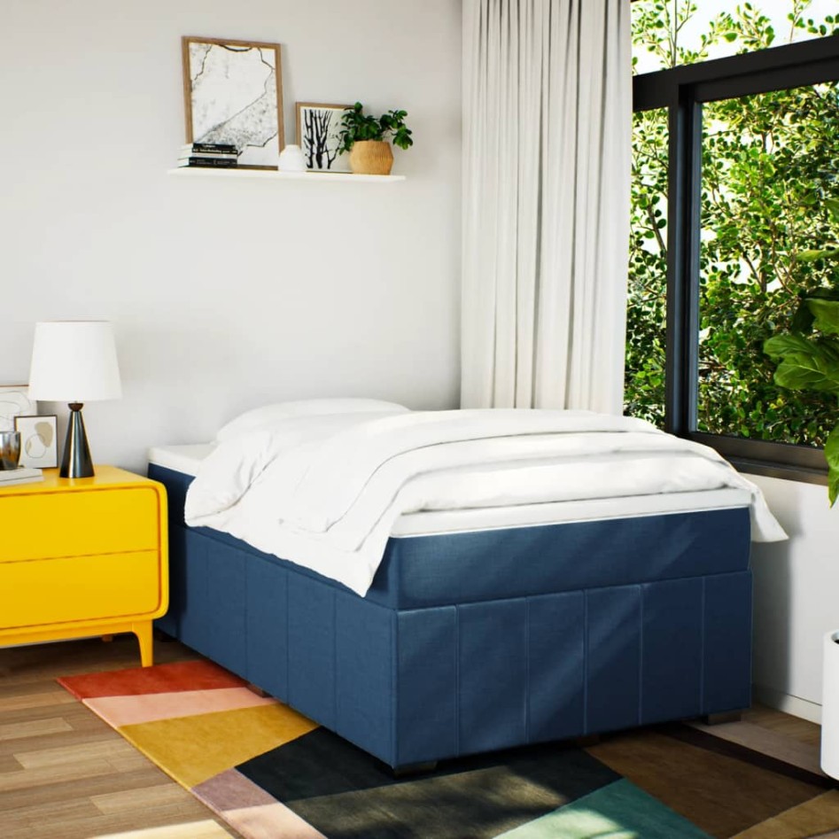 Cama box spring con colchón tela azul 120x190