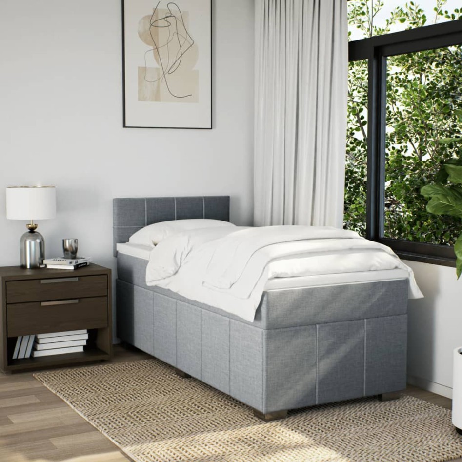 Cama box spring con colchón tela gris claro 90x200