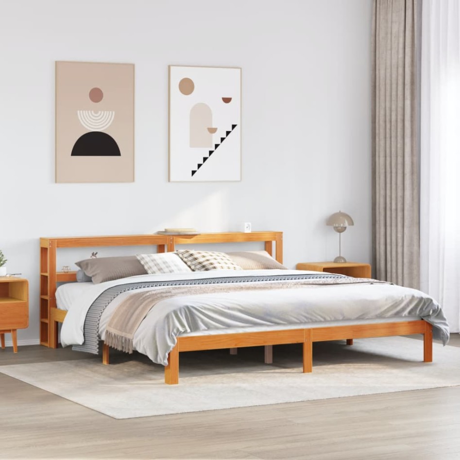Cama sin colchón madera maciza de pino marrón cera 180x200