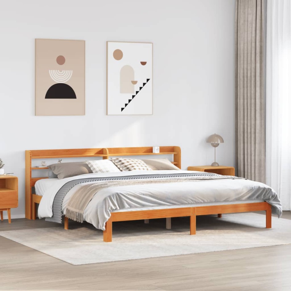 Cama sin colchón madera maciza de pino marrón cera 180x200