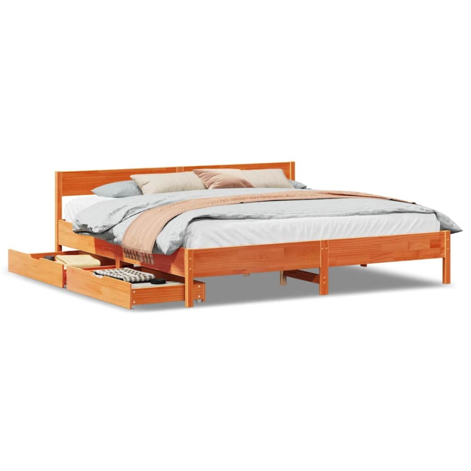 Cama sin colchón madera maciza de pino marrón cera 180x200
