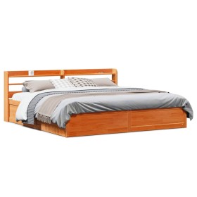 Estructura cama con cabecero madera pino marrón cera 200x200