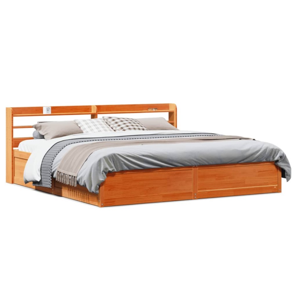 Estructura cama con cabecero madera pino marrón cera 200x200