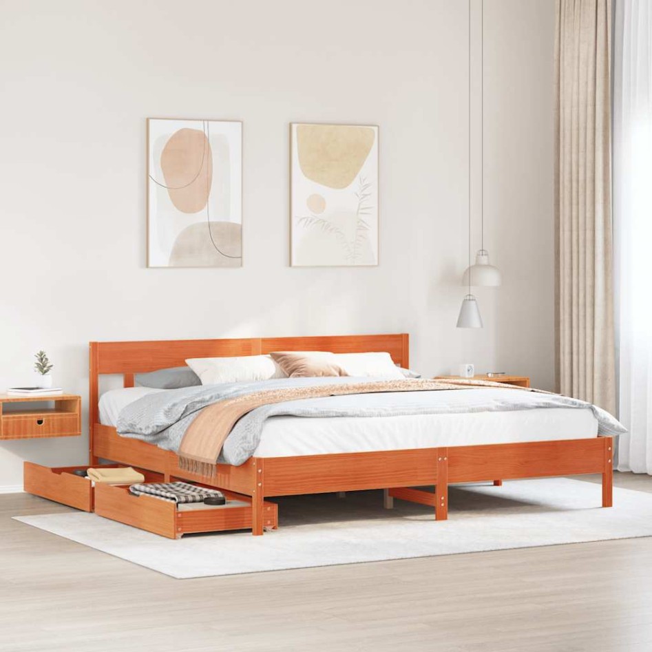 Cama sin colchón madera maciza de pino marrón cera 180x200