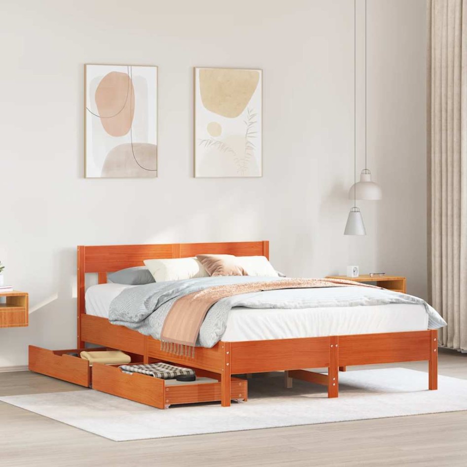 Cama sin colchón madera maciza pino marrón cera 150x200