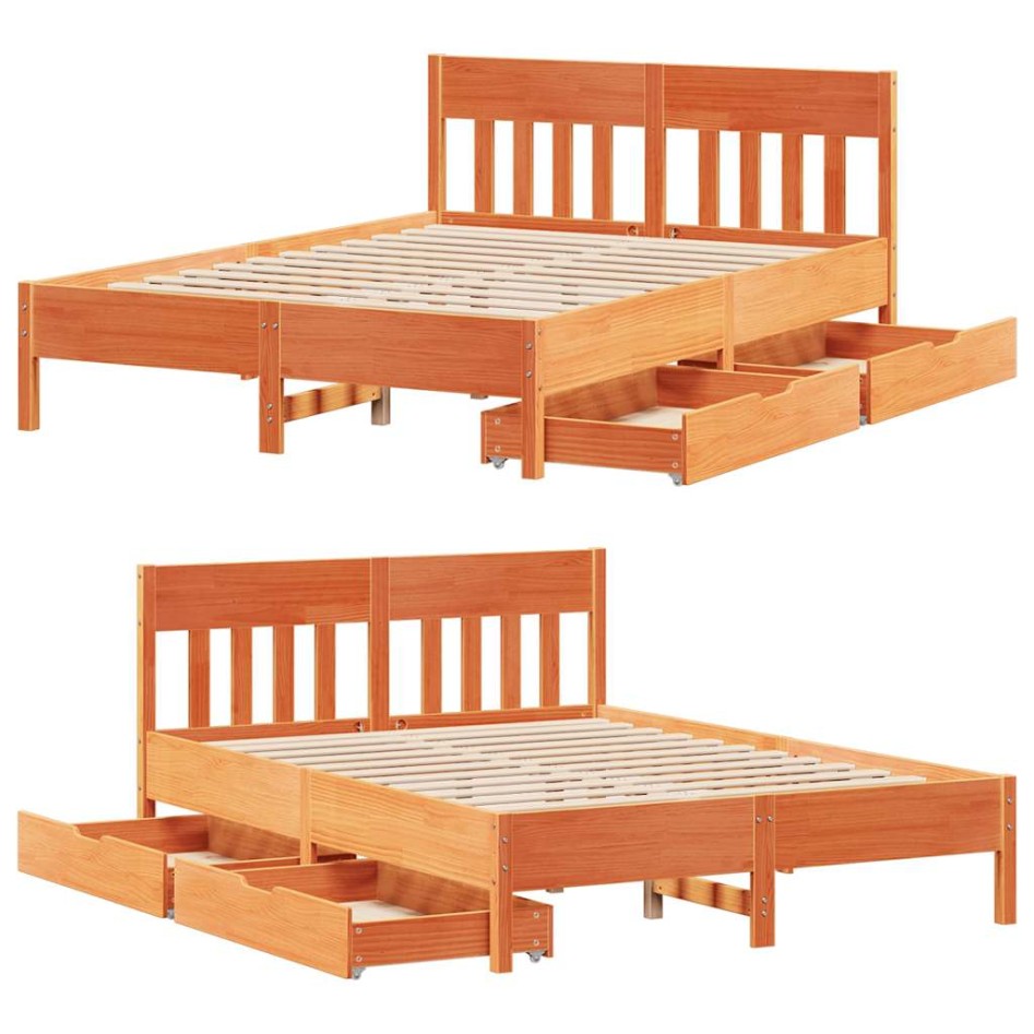 Cama sin colchón madera maciza pino marrón cera 150x200