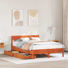 Cama sin colchón madera maciza de pino marrón cera 120x200