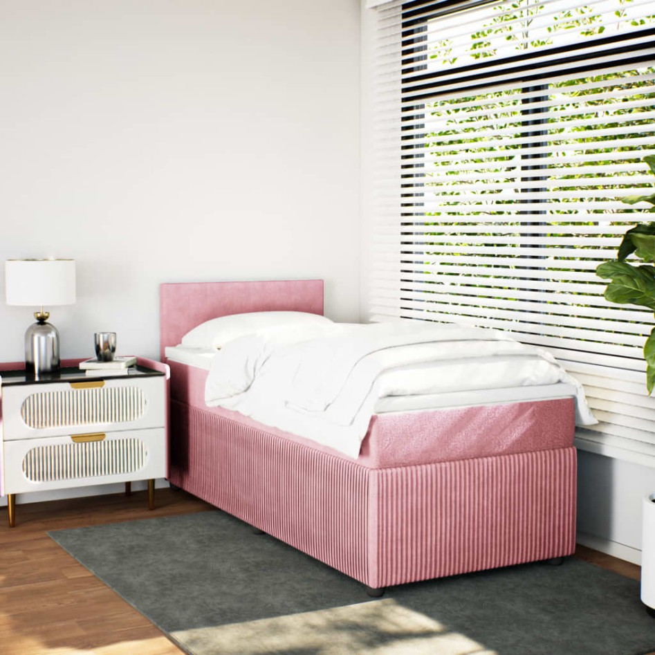 Cama box spring con colchón terciopelo rosa 90x190