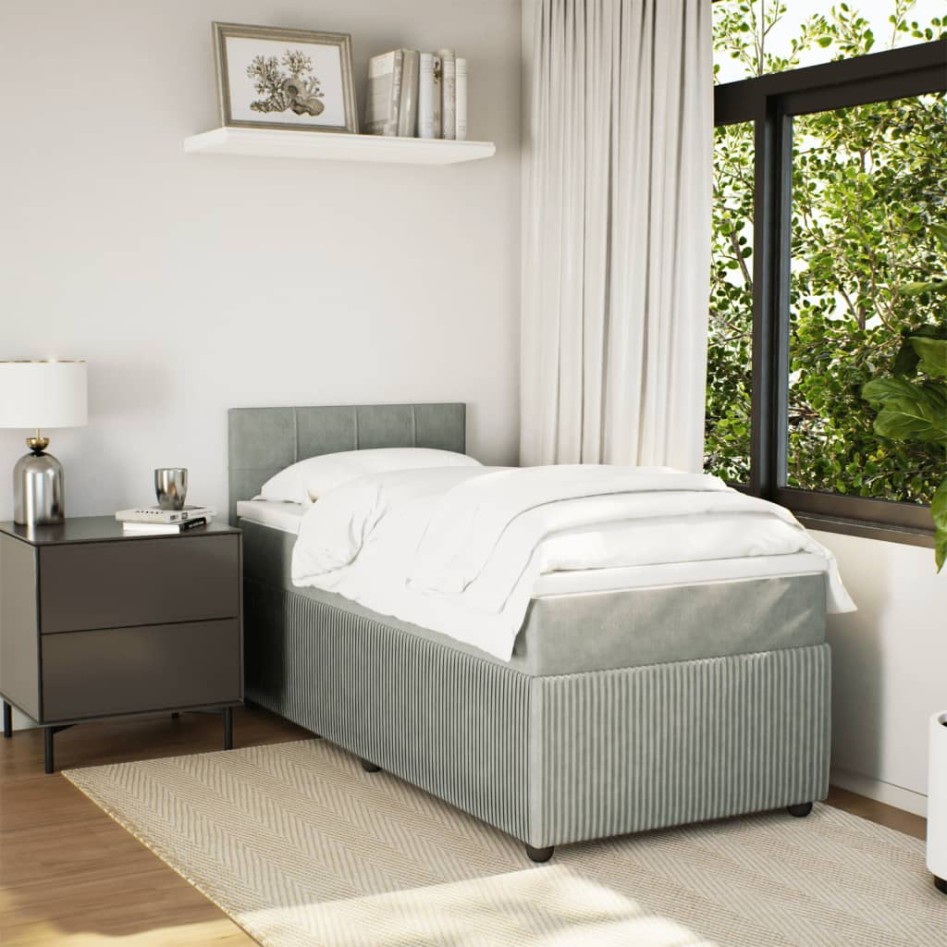 Cama box spring con colchón terciopelo gris claro 90x190