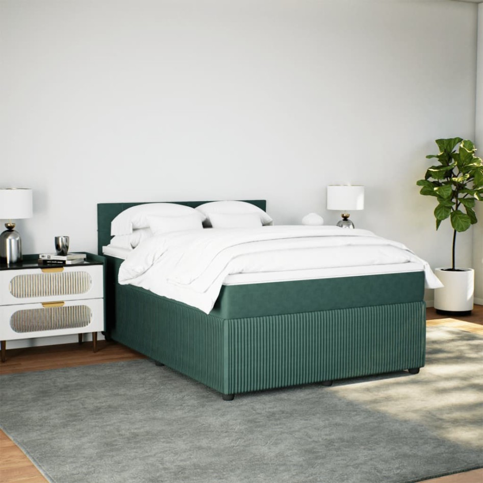 Cama box spring con colchón terciopelo verde oscuro 140x190