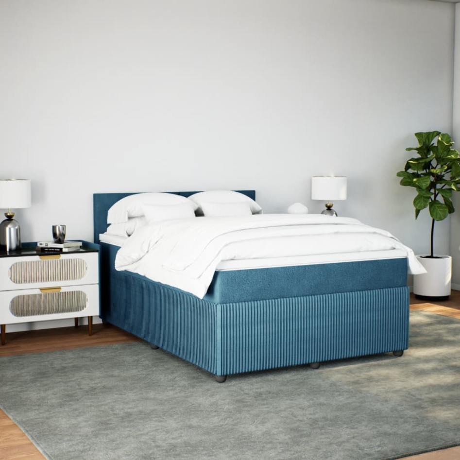 Cama box spring con colchón terciopelo azul 140x200
