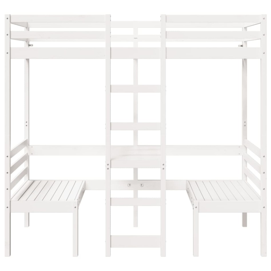 Cama alta escritorio y asientos madera maciza blanco 90x200