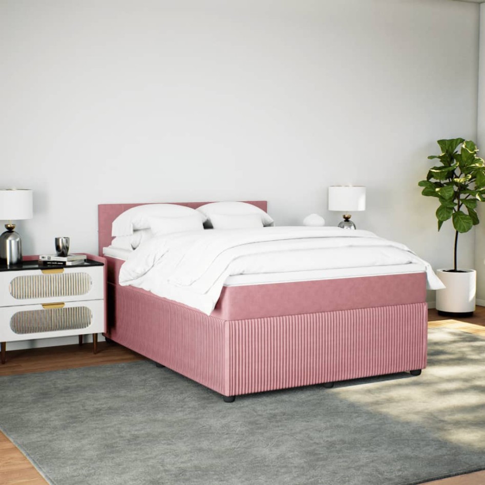 Cama box spring con colchón terciopelo rosa 140x200