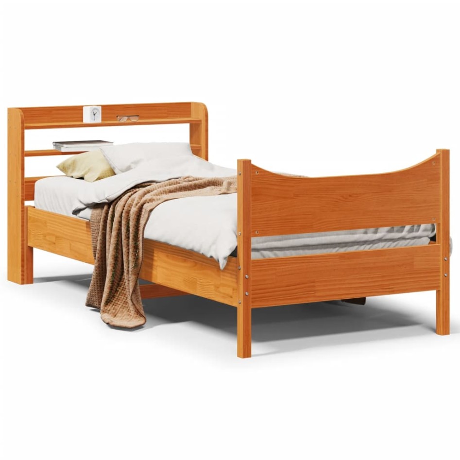 Estructura cama con cabecero madera pino marrón cera 90x190