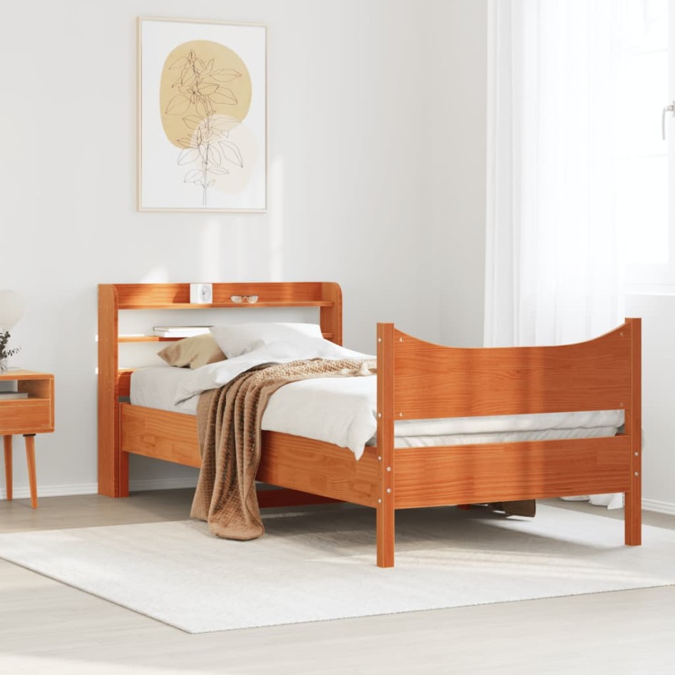Estructura cama con cabecero madera pino marrón cera 90x190