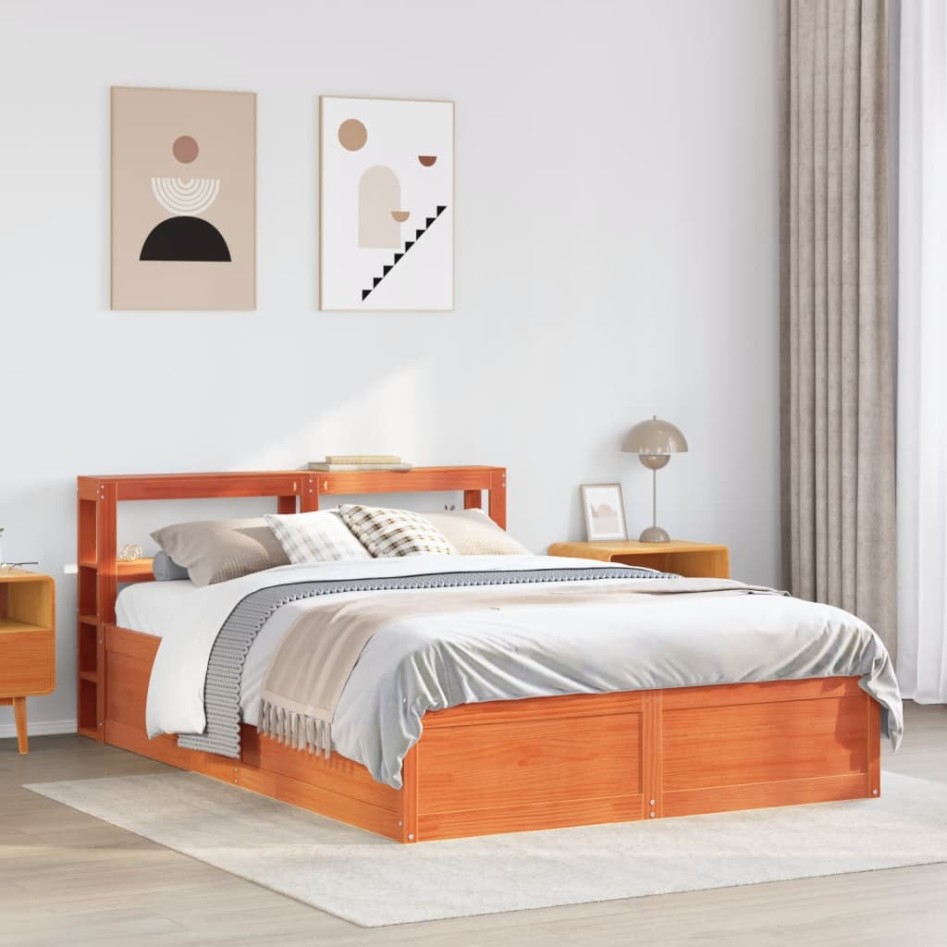 Estructura cama con cabecero madera pino marrón cera 160x200