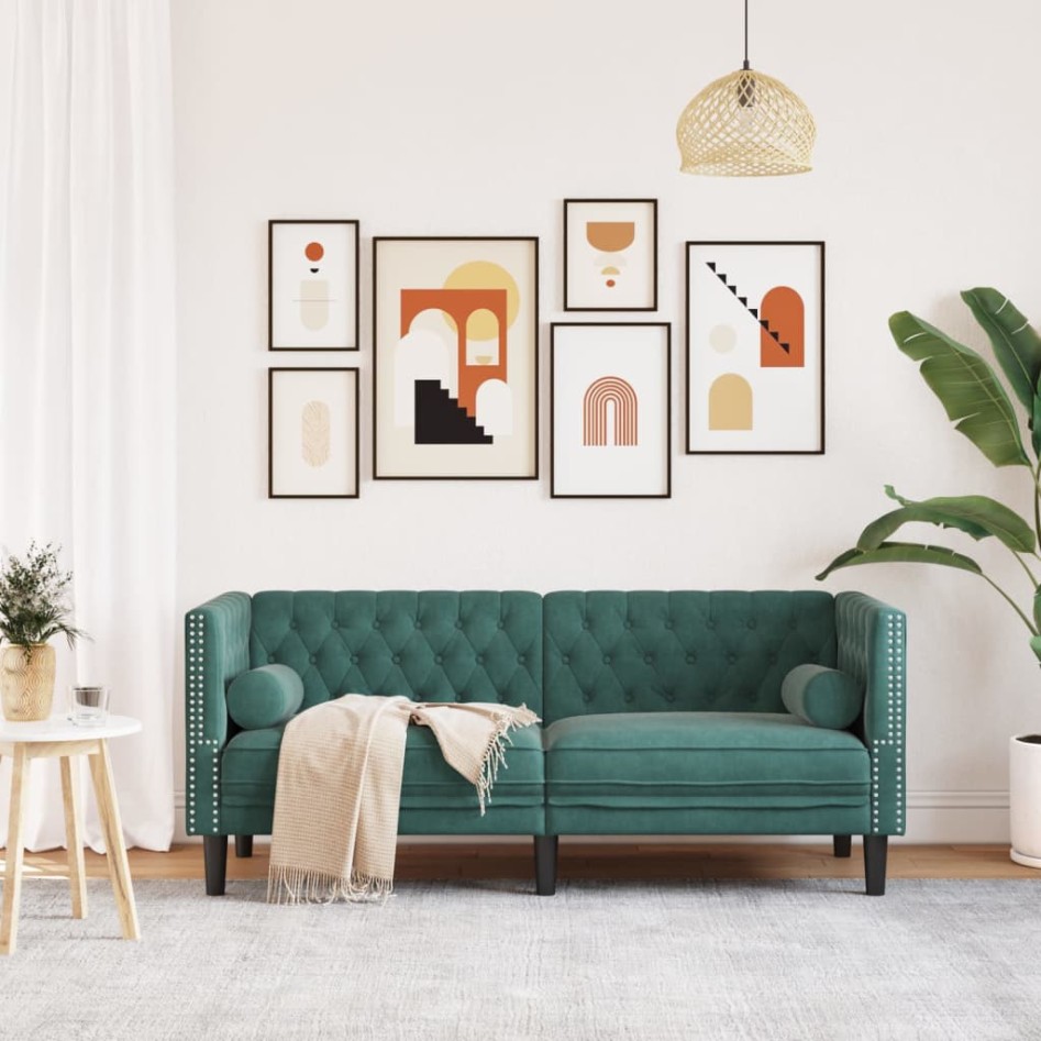 Sofá Chesterfield 2 plazas con cojines terciopelo verde