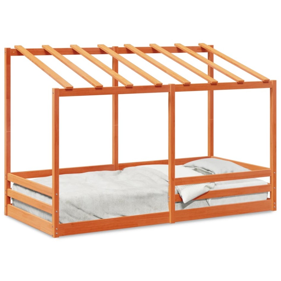 Cama infantil con techo madera maciza pino marrón 90x200
