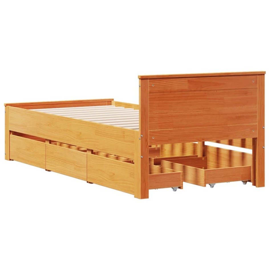 Cama sin colchón y cabecero madera maciza pino marrón 90x190