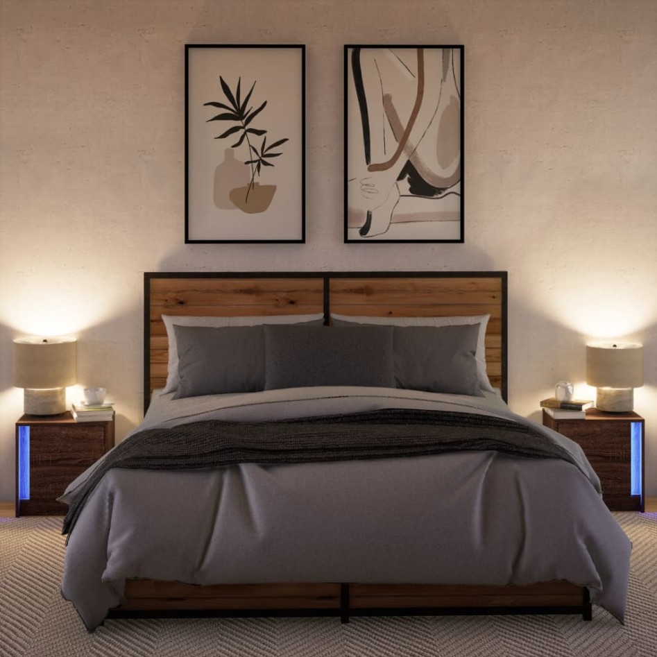 Mesitas de noche luces LED 2 uds madera ingeniería roble