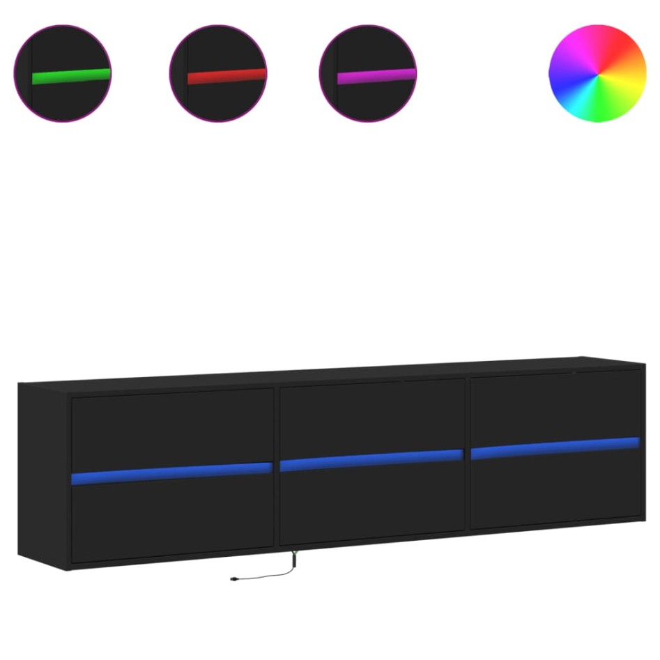 Mueble de TV de pared con LED negro 180x31x45