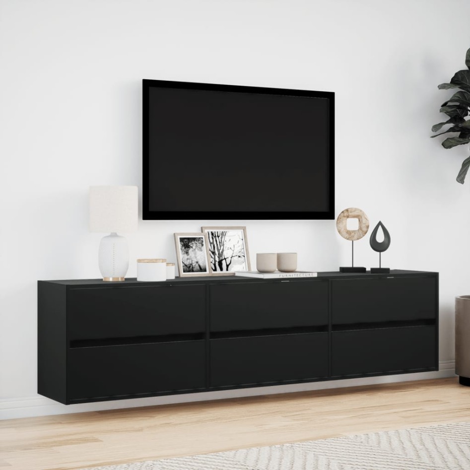 Mueble de TV de pared con LED negro 180x31x45