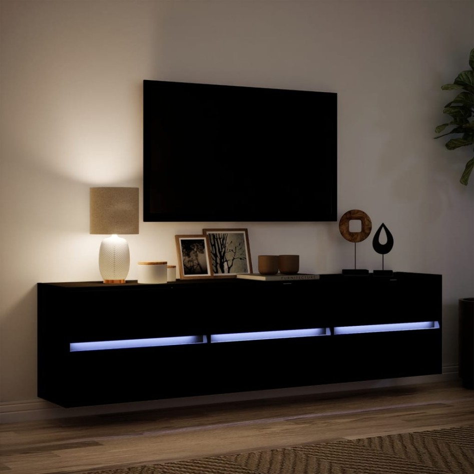 Mueble de TV de pared con LED negro 180x31x45