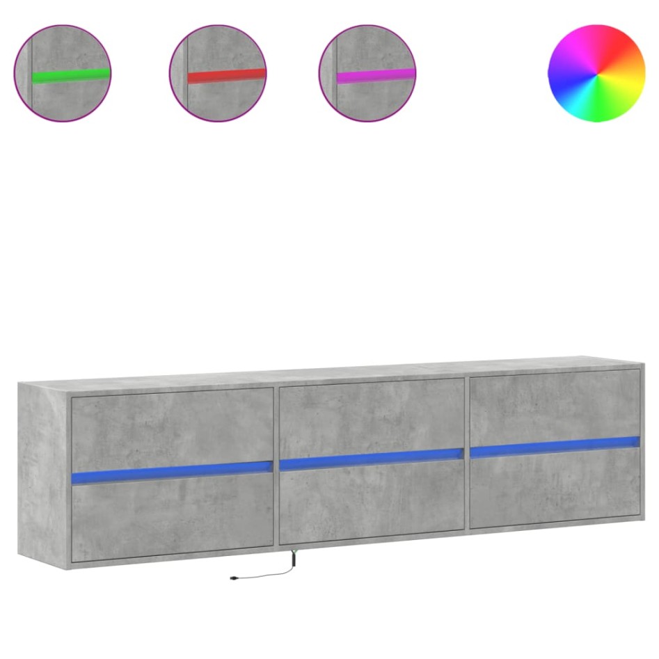 Mueble de TV de pared con LED gris hormigón 180x31x45