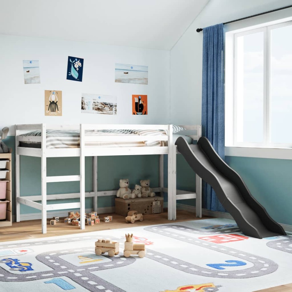Cama alta para niños sin colchón madera pino blanco 90x200