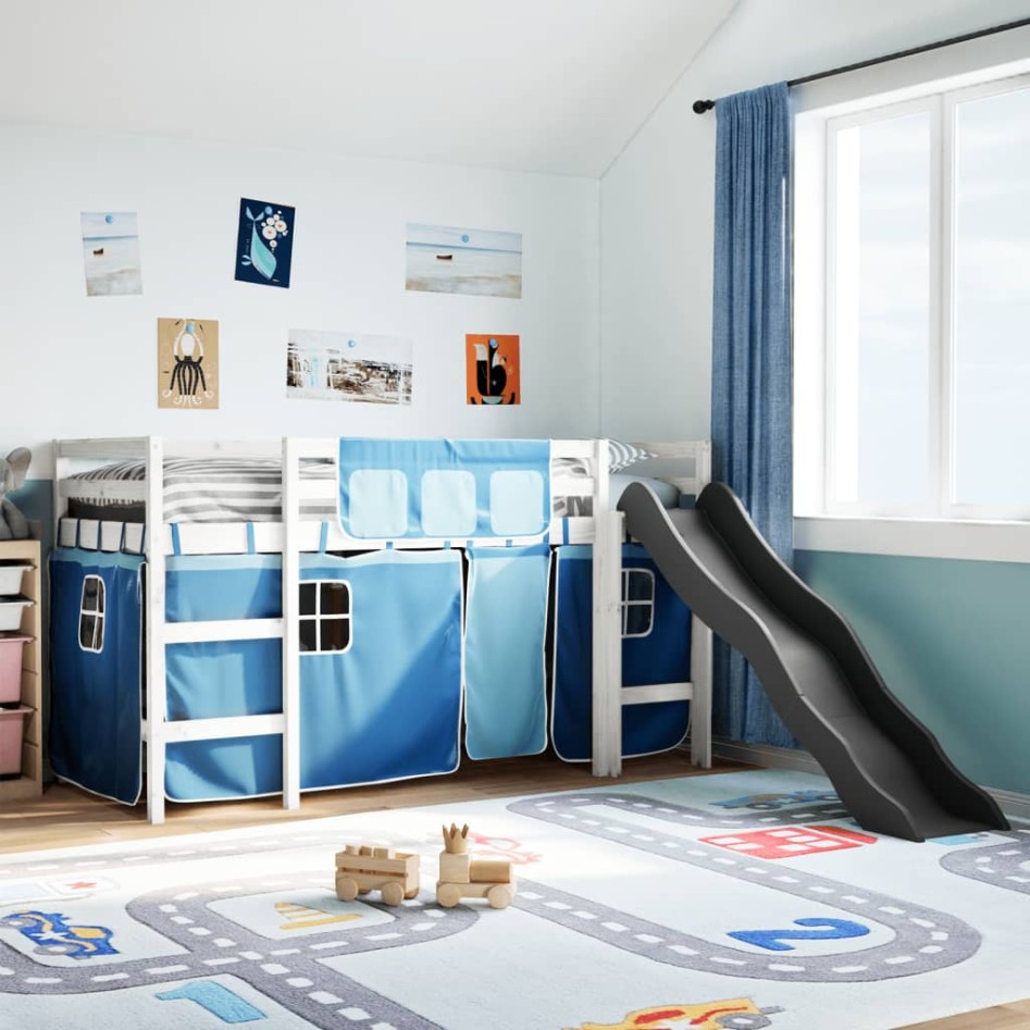 Cama alta para niños con cortinas madera pino azul 80x200