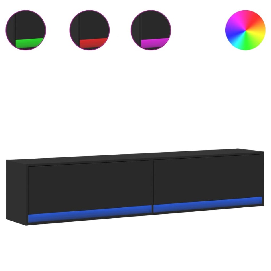 Mueble de TV de pared con LED negro 180x31x38