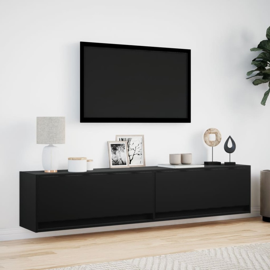 Mueble de TV de pared con LED negro 180x31x38