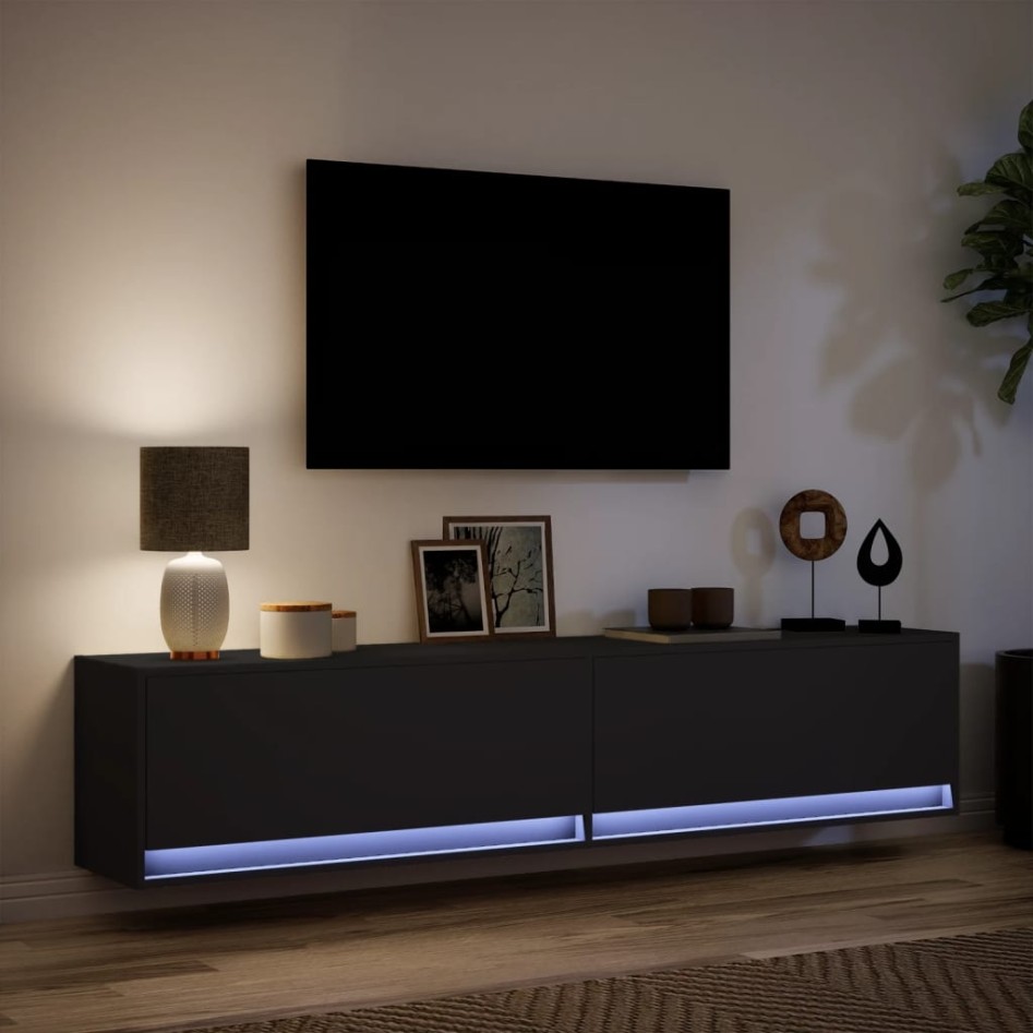 Mueble de TV de pared con LED negro 180x31x38